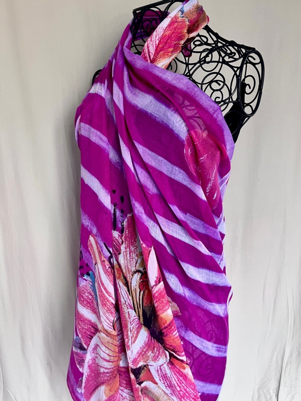 Desigual Oversized Scarf Wrap Floral Stripe Boho Shawl 42 x 76